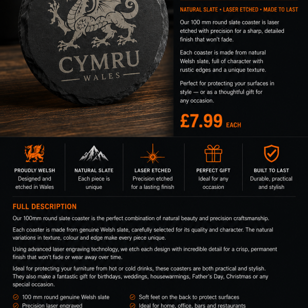 Laser etched 100mm round slate coaster